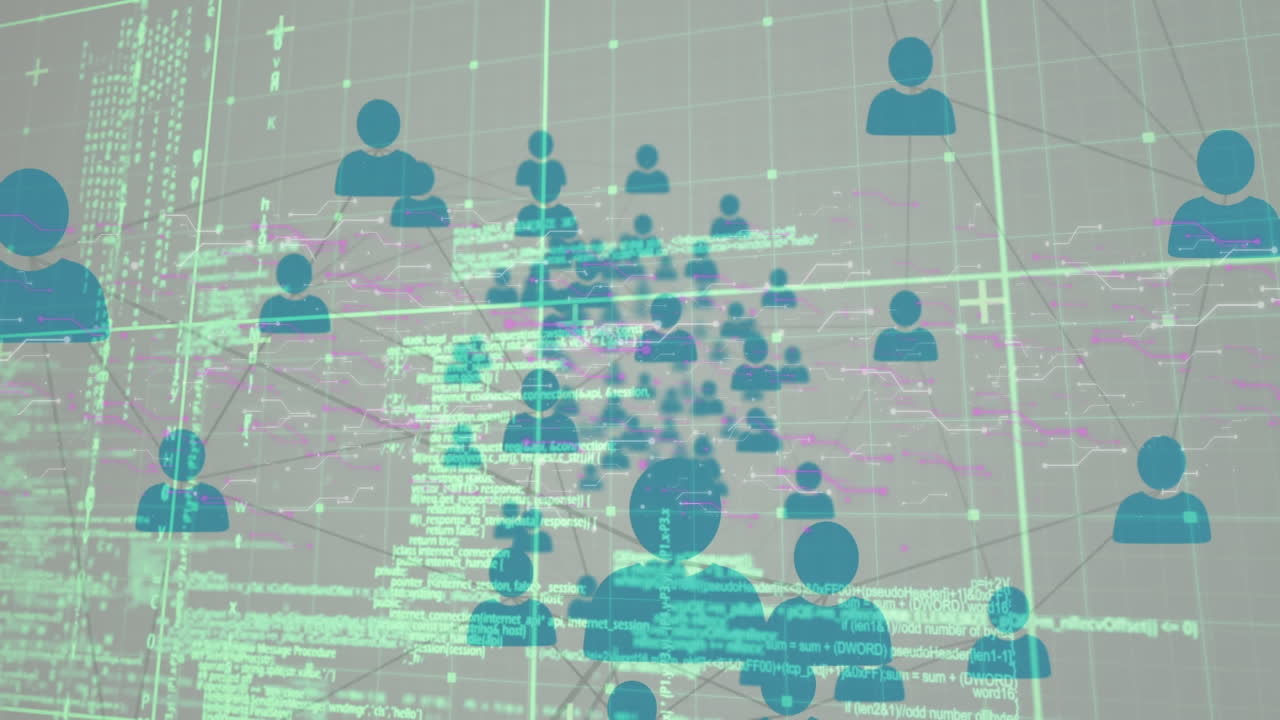 Animation of network of connections with icons over data processing