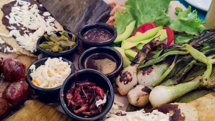 Detail shot of Oaxacan dishes, showcasing sausages, vegetables, edible insects, legumes, tamales, and mole, representing the diversity of this UNESCO Intangible Cultural Heritage