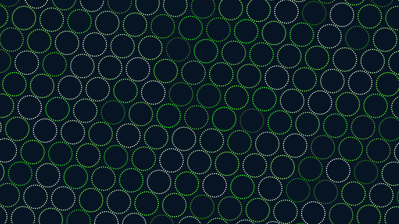 Abstract footage of repeating dotted circles in green and white on a dark background, creating a seamless geometric pattern for technology, data, or modern design visuals