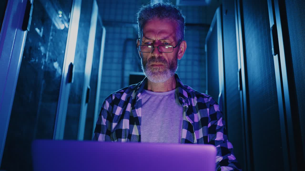 IT Technician Working in a Server Room at Night