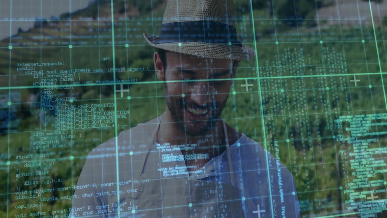 Male vendor tapping tablet at farm stand, causing code overlay and reviewing apple data