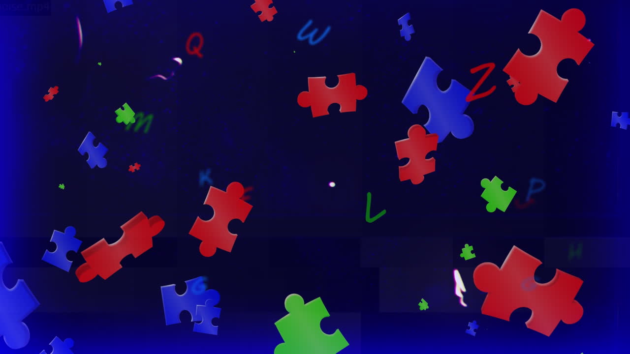 Animation of blue, green and red puzzles floating over letters on black background