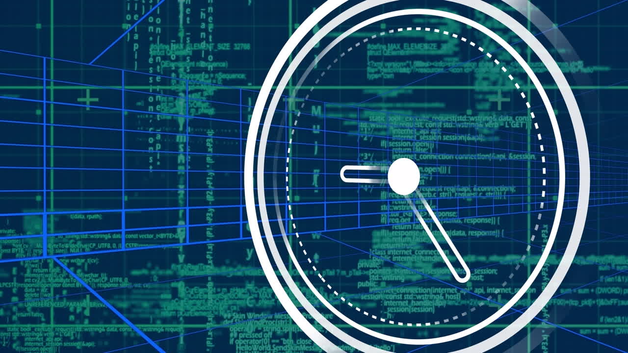 Animation of ticking clock icon, tunnel in seamless pattern and data processing on blue background