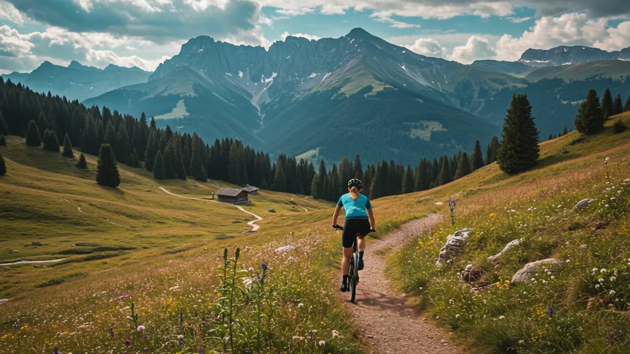 A Mountain Biker Navigating a Scenic Trail Surrounded by Lush Green Fields and Majestic Peaks Under a Beautiful Cloudy Sky