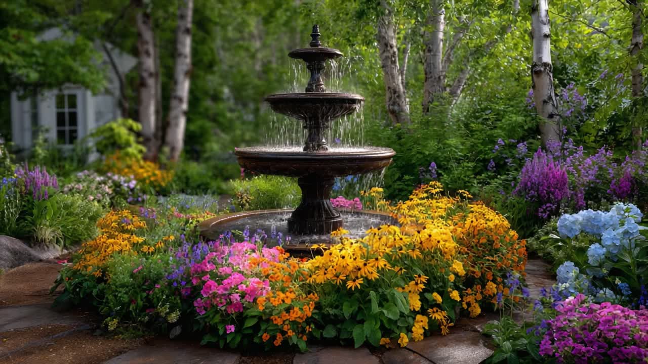 Una serena fontana d'acqua circondata da aiuole vivaci in un lussureggiante giardino, che cattura l'essenza della tranquillità e della bellezza naturale.