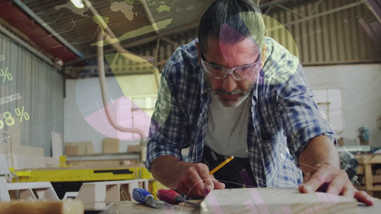 animación de procesamiento de datos sobre carpintero caucásico que trabaja en el taller