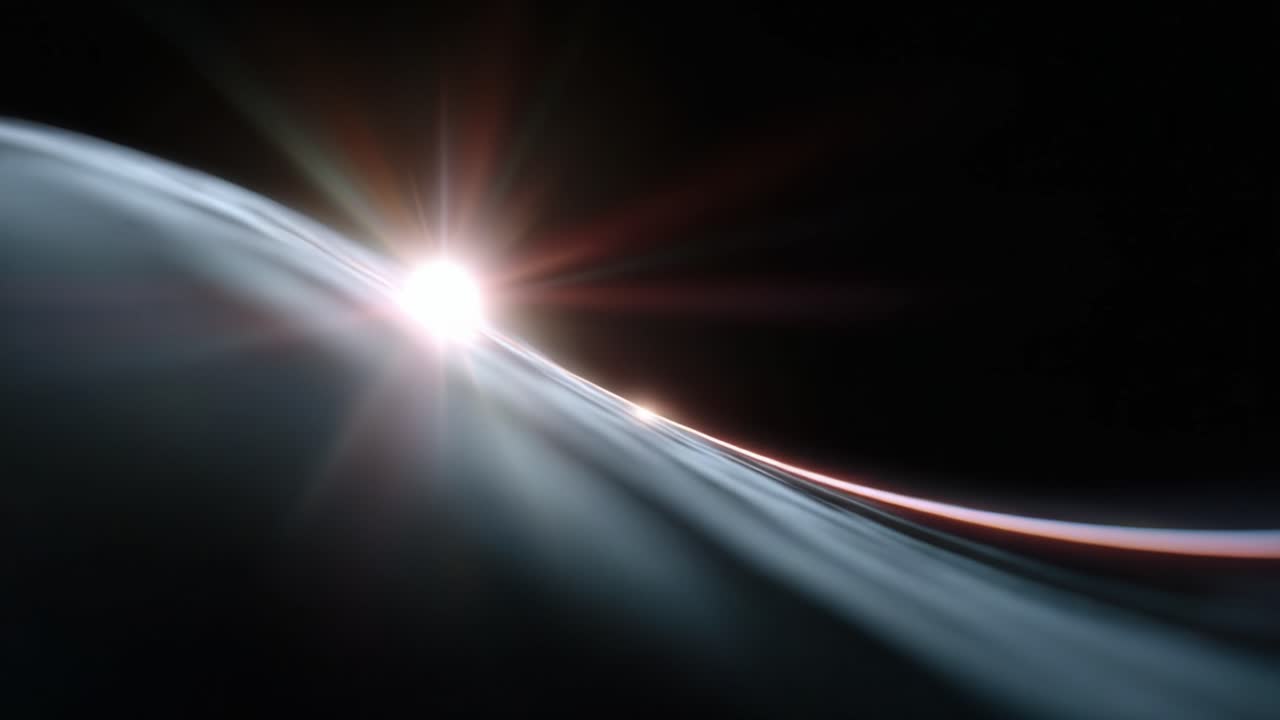 Vista mozzafiato di un'alba celestiale su un orizzonte curvo nelle profondità dello spazio, che illumina l'oscurità infinita con brillanti raggi di luce