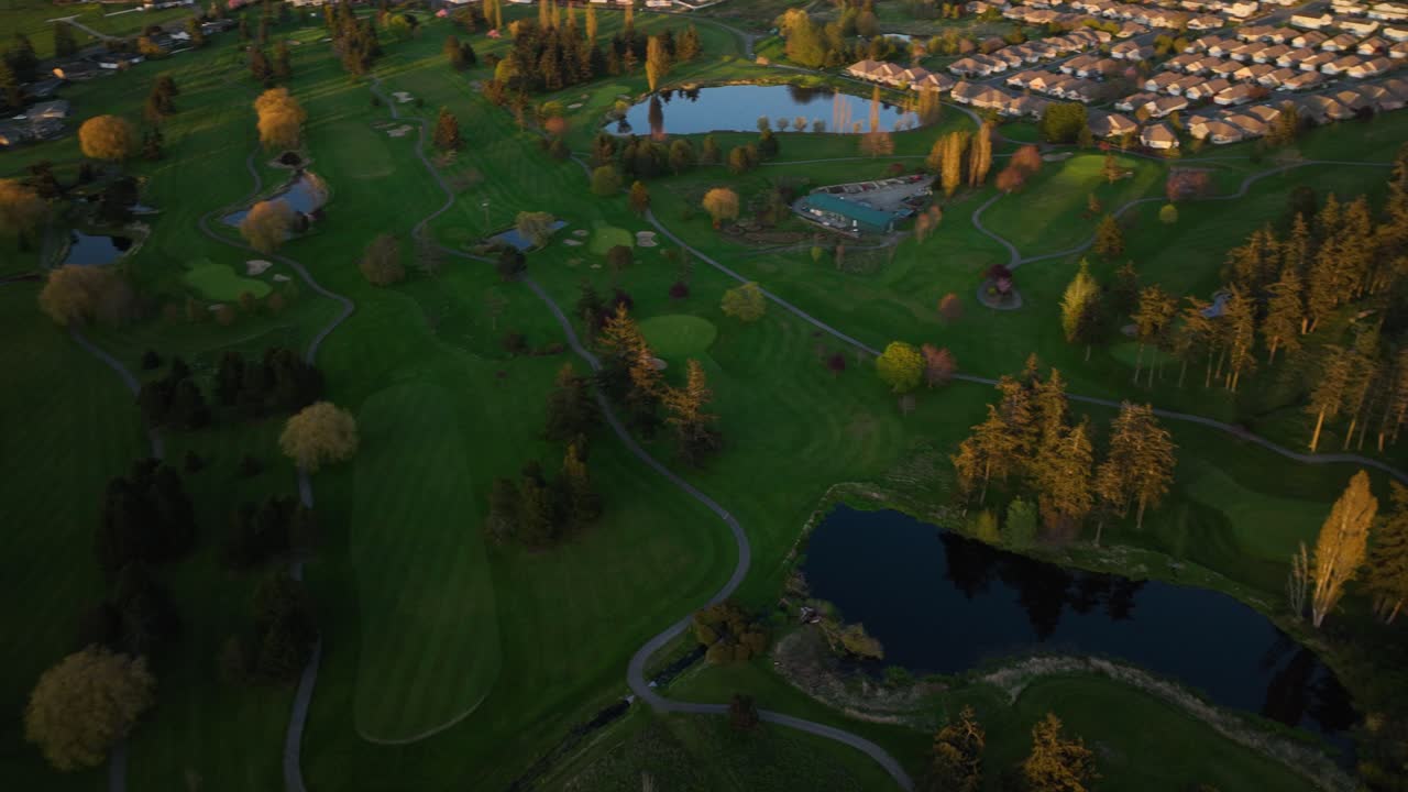 Aerial shot of Whidbey Golf Club's course at sunset in Oak Harbor, Washington.