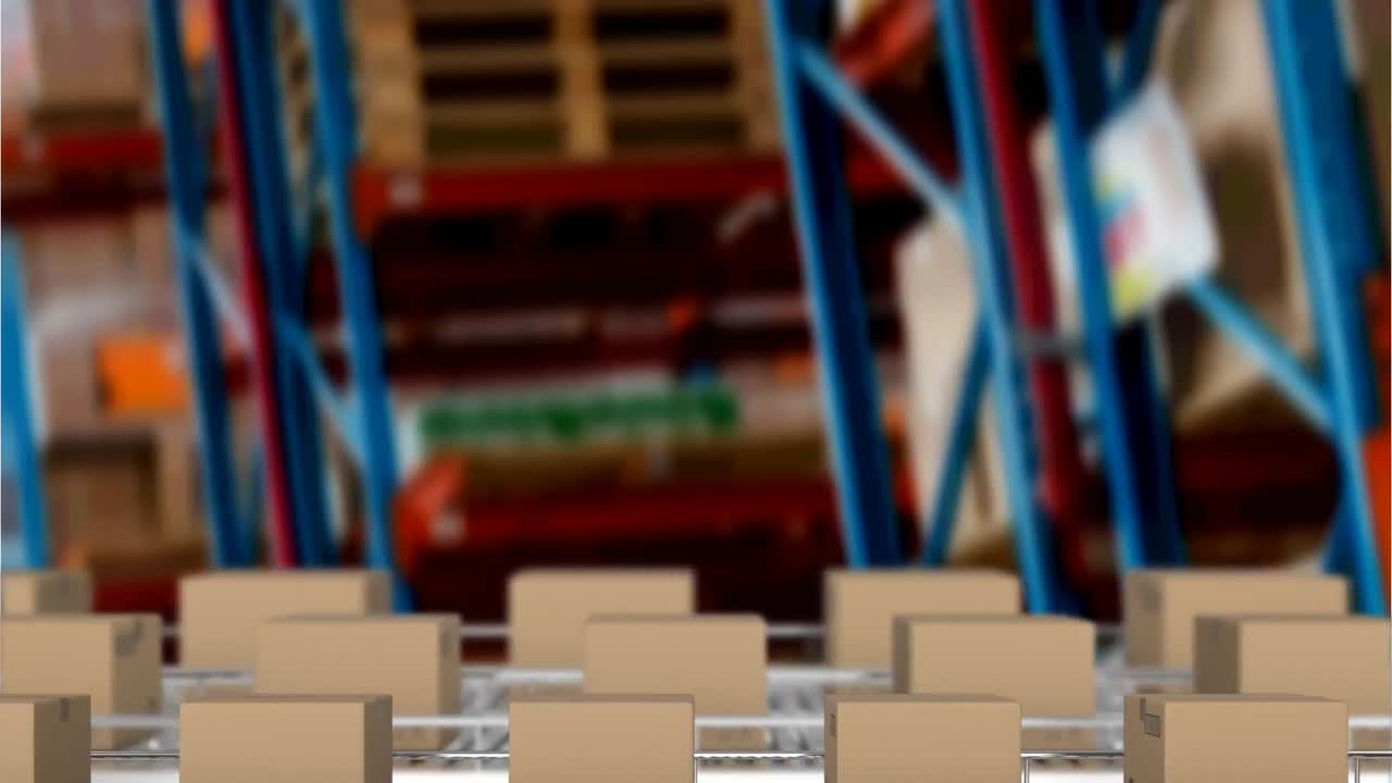animación de cajas de cartón que se mueven en cintas transportadoras sobre el almacén