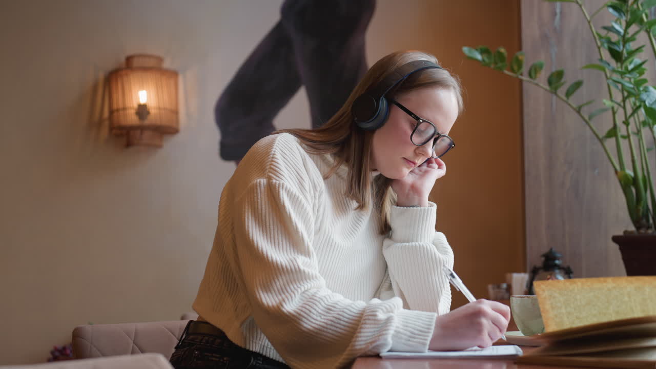 focused young artist wearing headset draws in notebook by window, seated in cozy setting with warm lighting, indoor potted plant, open book, and decorative wall art