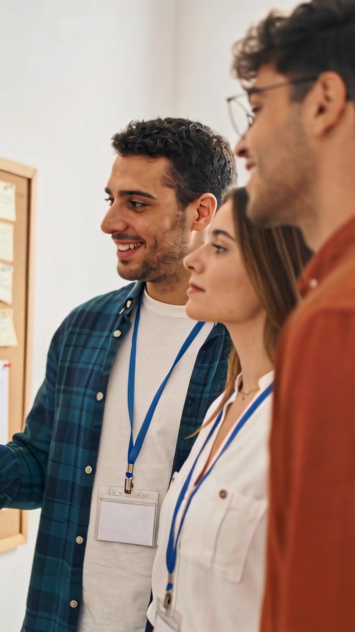 Video verticale: Uomo che indica a sinistra illustrando un piano di squadra in riunione, seguendo post-it, badge blu.