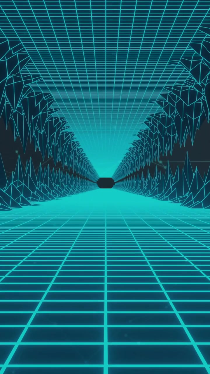 Futuristic grid tunnel with geometric shapes, digital landscape animation