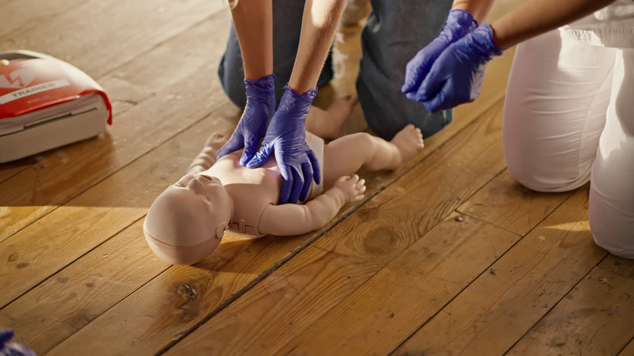 disparo de primer plano: una chica rubia en vaqueros aprende a hacer respiración artificial con un bebé maniquí bajo las instrucciones de una enfermera profesional en un uniforme médico blanco