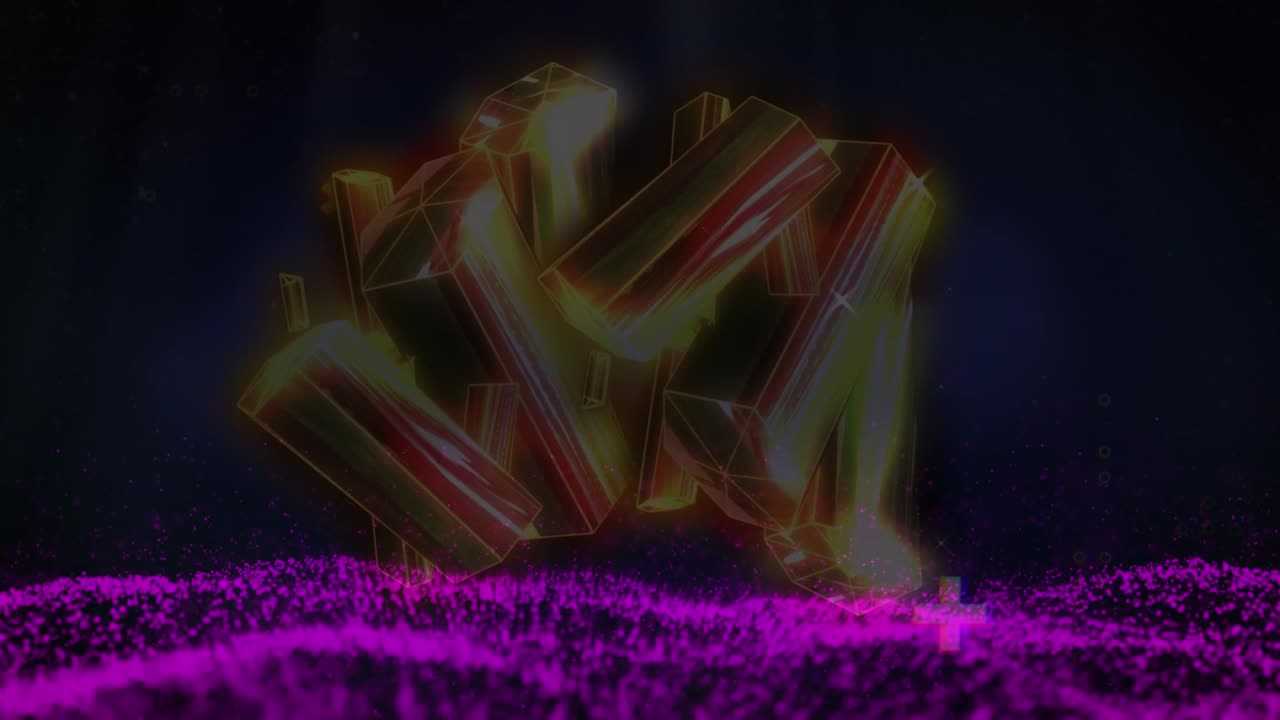Animation of red abstract shapes over golden crystals and pink digital wave against black background