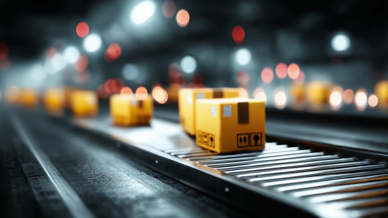 A Close-Up View of Packages Moving Along a Conveyor Belt in a Dimly Lit Warehouse, Emphasizing the Efficiency of Modern Logistics and Distribution Systems