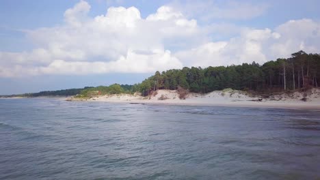 aerial view of baltic sea coast on a sunny day, white sand seashore dunes damaged by waves, pine tree forest, coastal erosion, climate changes, wide angle drone shot moving forward over the water