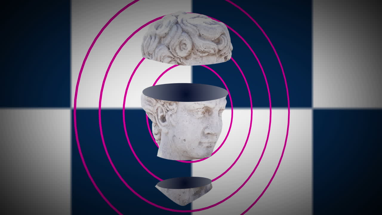 체크 된 배경에 있는 원 위에 머리 조각의 애니메이션