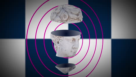 animación de la escultura de la cabeza sobre círculos en fondo a cuadros
