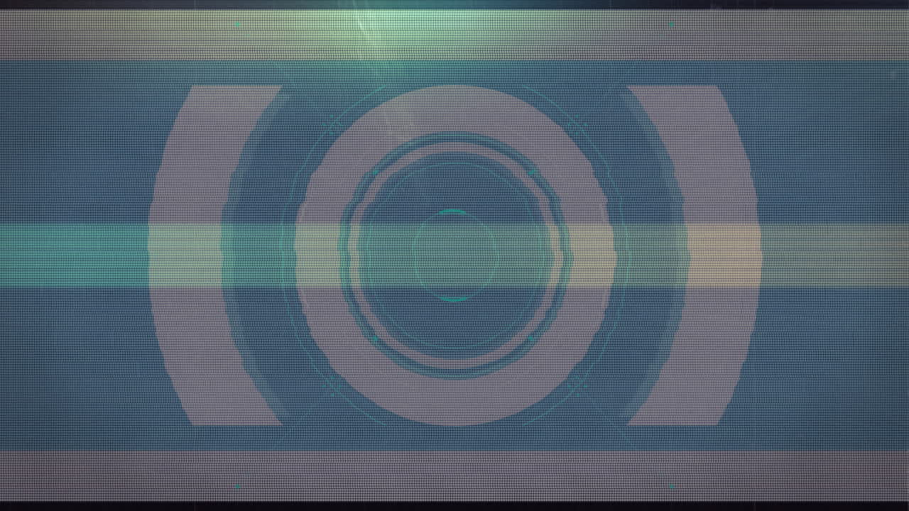 Digital animation of light trails and glitch effect against round scanner on red background