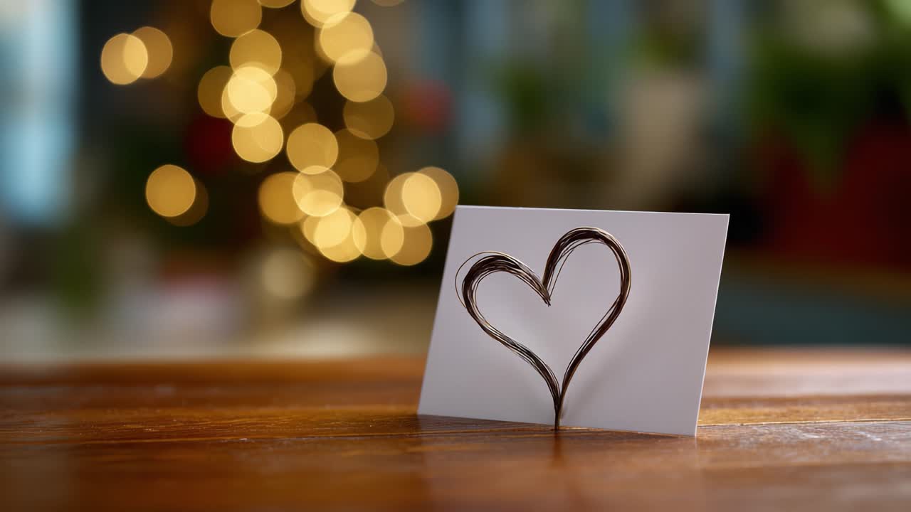 Eine herzförmige Drahtskulptur steht auf einem Holztisch vor einem sanft beleuchteten Hintergrund und fängt die Essenz von Liebe und Wärme in einer gemütlichen Atmosphäre ein