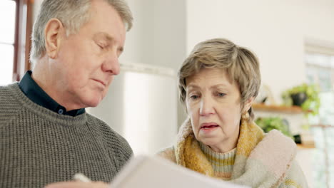 debt, document and senior couple with stress