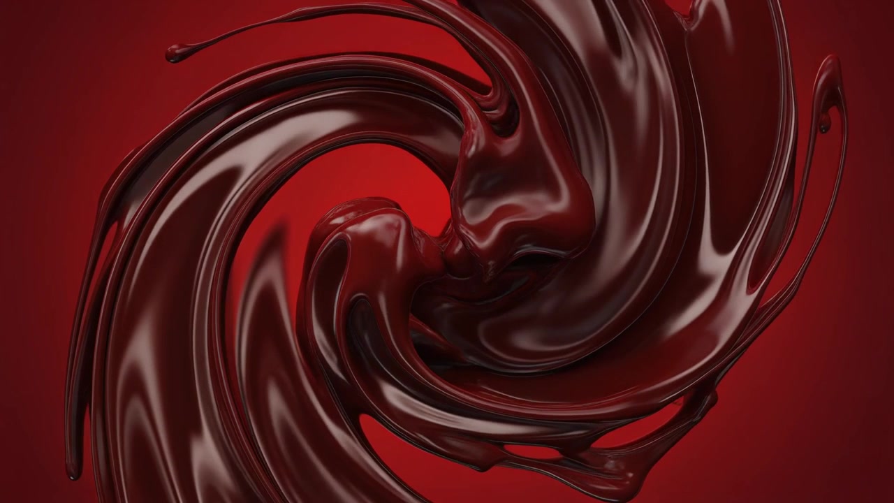 Schizzo vorticoso di cioccolato liquido su sfondo rosso