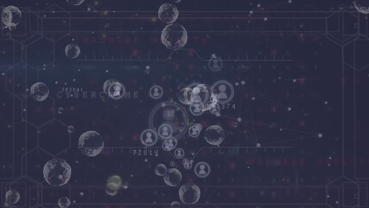 파란색 배경에서 사이버 보안 데이터 처리 위에 떠다니는 프로필 아이콘의 애니메이션