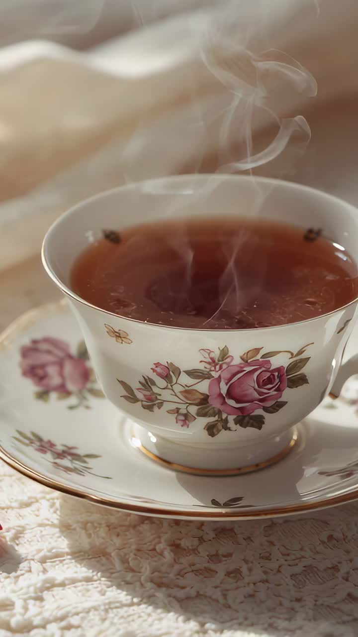 Vertical video: Sending steam from tea, rose teacup and saucer on lace table, camera moving closer