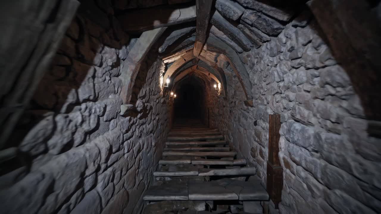 Dark stone tunnel with wooden beams and lanterns, showcasing the gradual descent into the depths of an ancient underground passageway