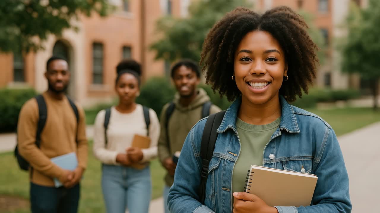 Uma imagem estática de vídeo vibrante e ao nível dos olhos de estudantes sorrindo ao ar livre, mostrando amizade e educação