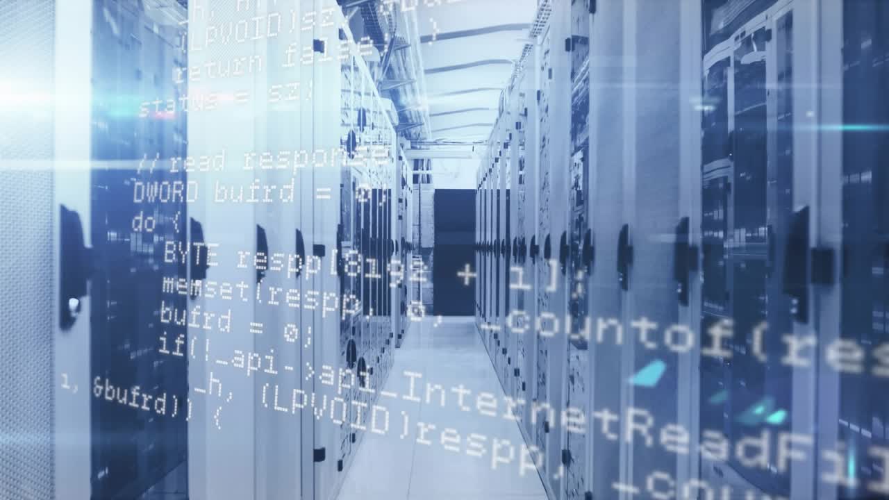 After corridor, translucent code streaming over racks, then dimming while visualizing data flow