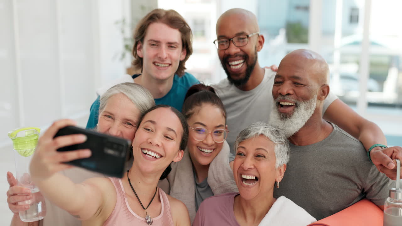 Grupo de yoga, selfie e felizes na academia para fitness