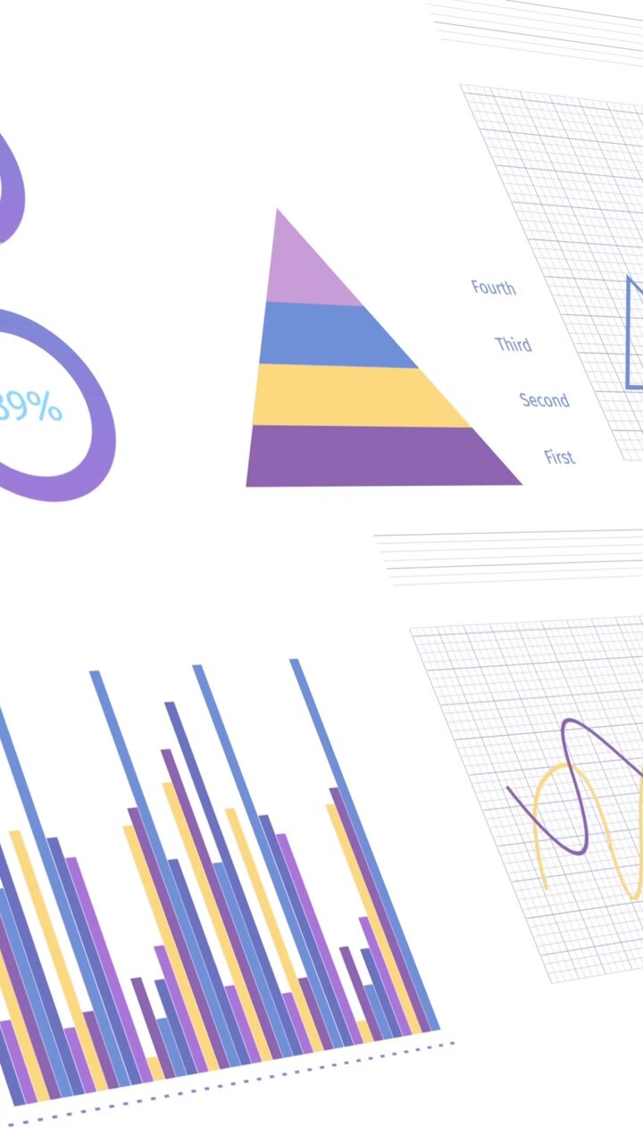 Animace zpracování statistik, grafů a finančních dat na bílém pozadí