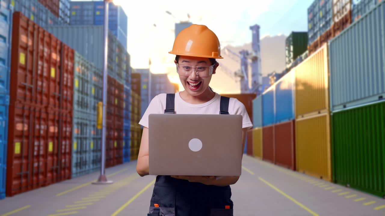 trabajadora asiática con gafas de protección y casco de seguridad mirando la computadora portátil y luego gritando gol celebrando mientras estaba de pie en el almacén del patio de contenedores