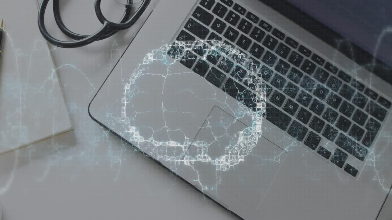 모양의 애니메이션과 디지털 두뇌를 스테토스코프와 노트북으로