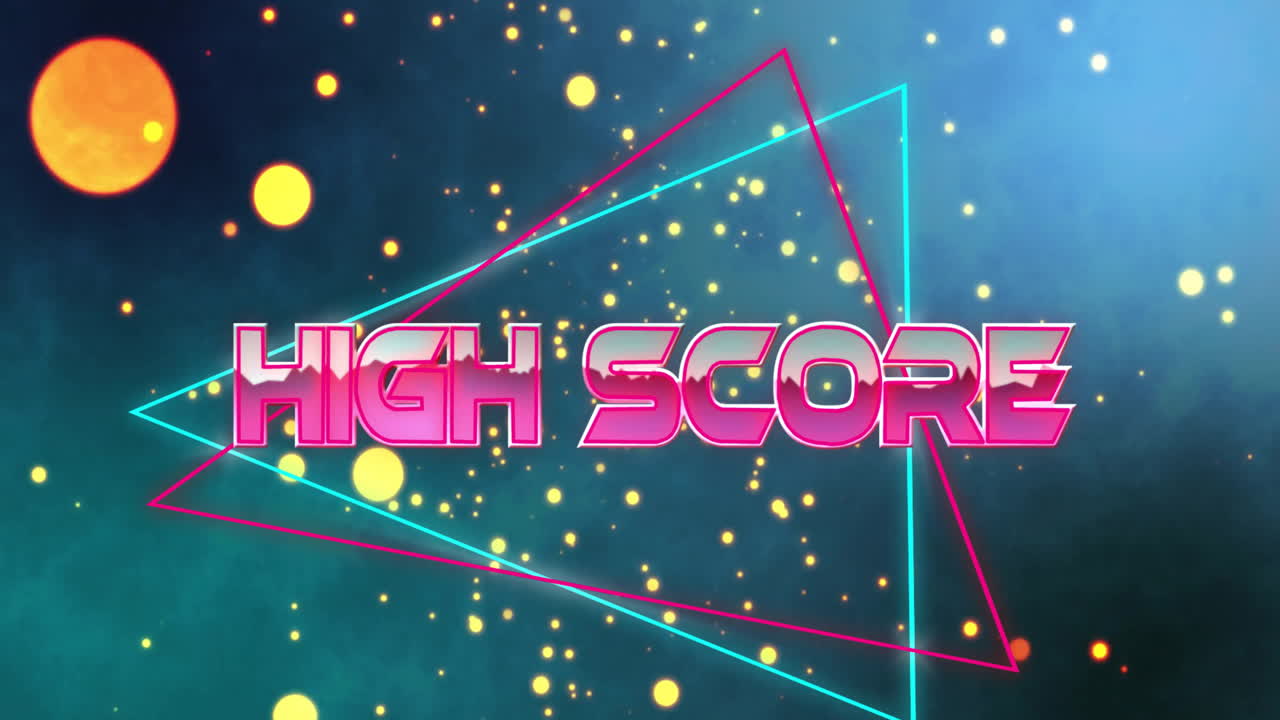 High score animation with neon triangles and glowing particles on dark background