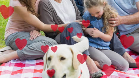 animación de iconos de corazón flotando sobre perro mascota con familia caucásica