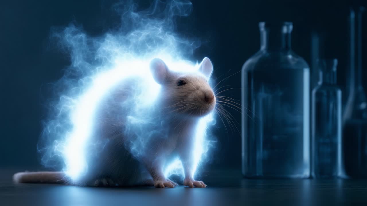Un topo da laboratorio bianco circondato da energia elettrica eterea in un ambiente scientifico, a simboleggiare innovazione e scoperta nella biotecnologia.