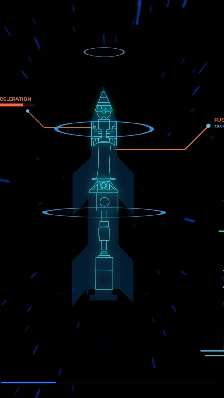 Animation of rocket model with data processing over light trails on black background