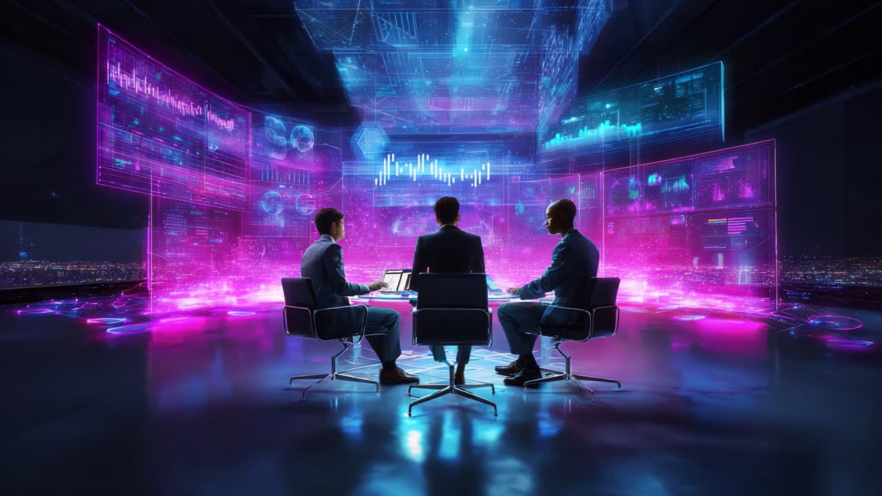 Three professionals engaged in a futuristic meeting, surrounded by a high-tech data visualization environment, analyzing important graphs and metrics while tapping into cutting-edge technology