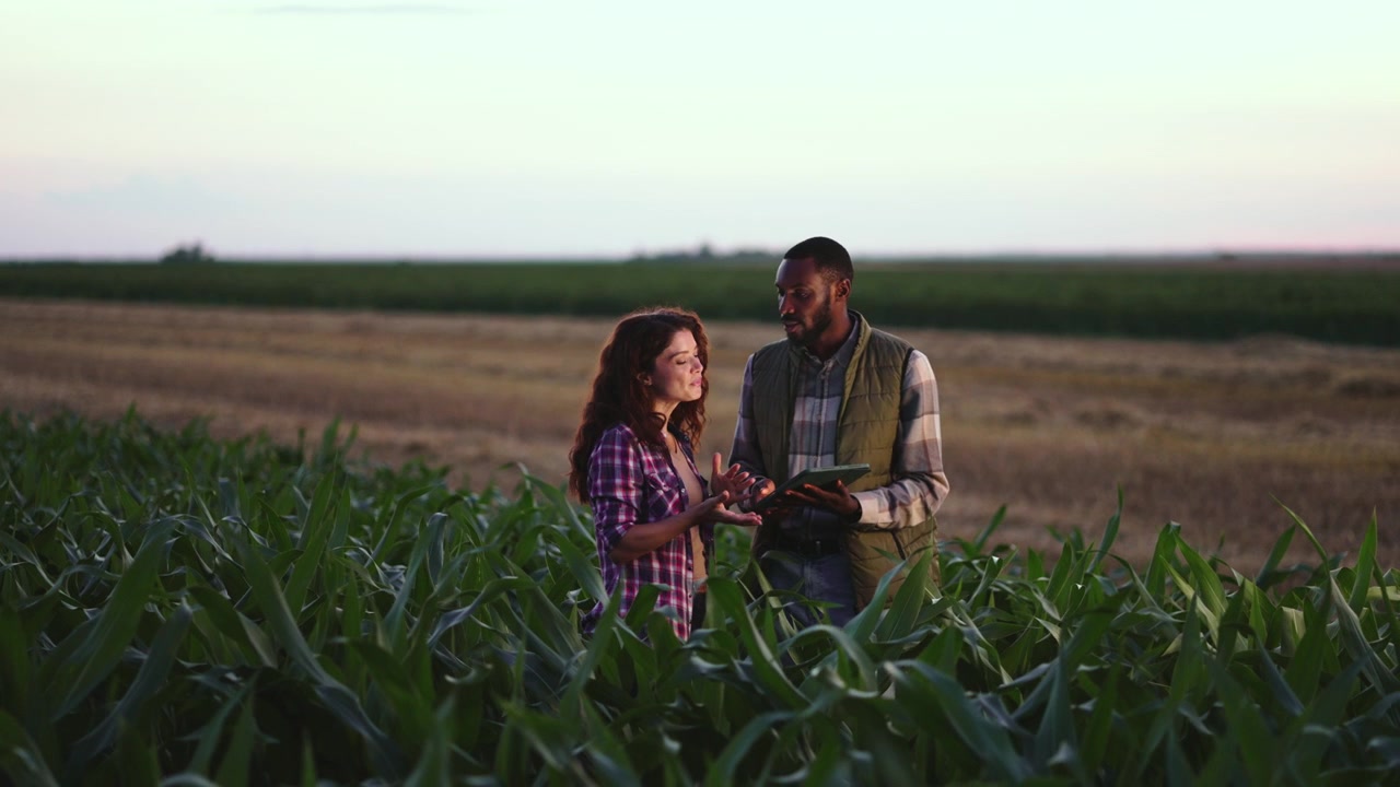 Dos agricultores conversando sobre el progreso del cultivo en un campo de maíz