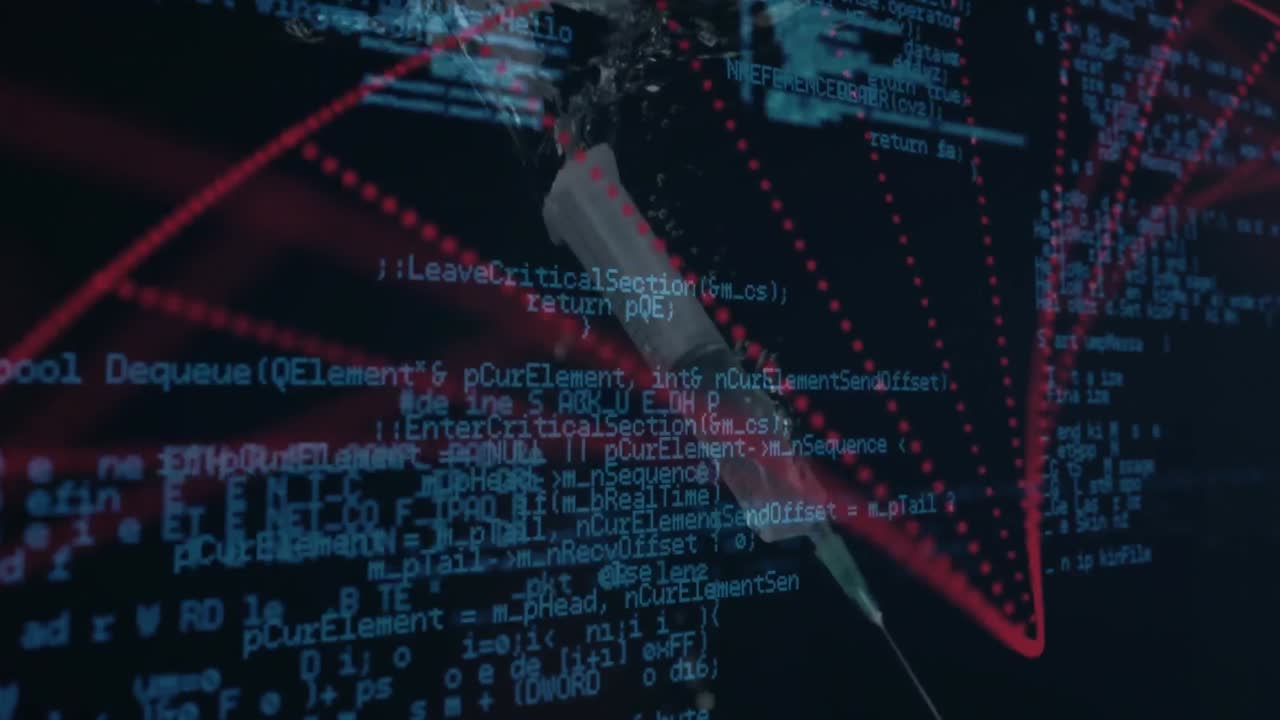animación de los datos de procesamiento sobre la jeringa y la hélice roja de adn girando en pantalla negra