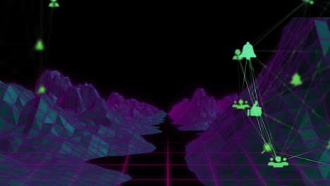 Animation of media icons over digital mountains
