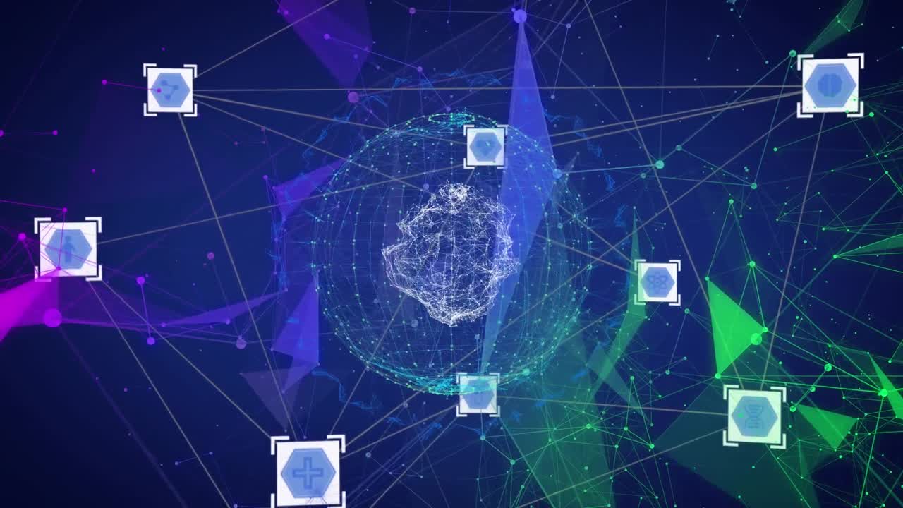 animación de redes de conexiones con iconos de procesador y globo sobre fondo azul