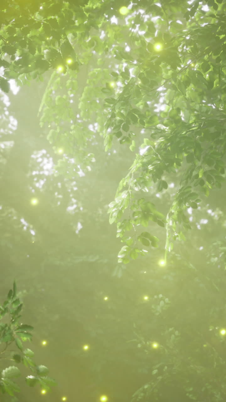 Magical forest illuminated by glowing fireflies during twilight in summer