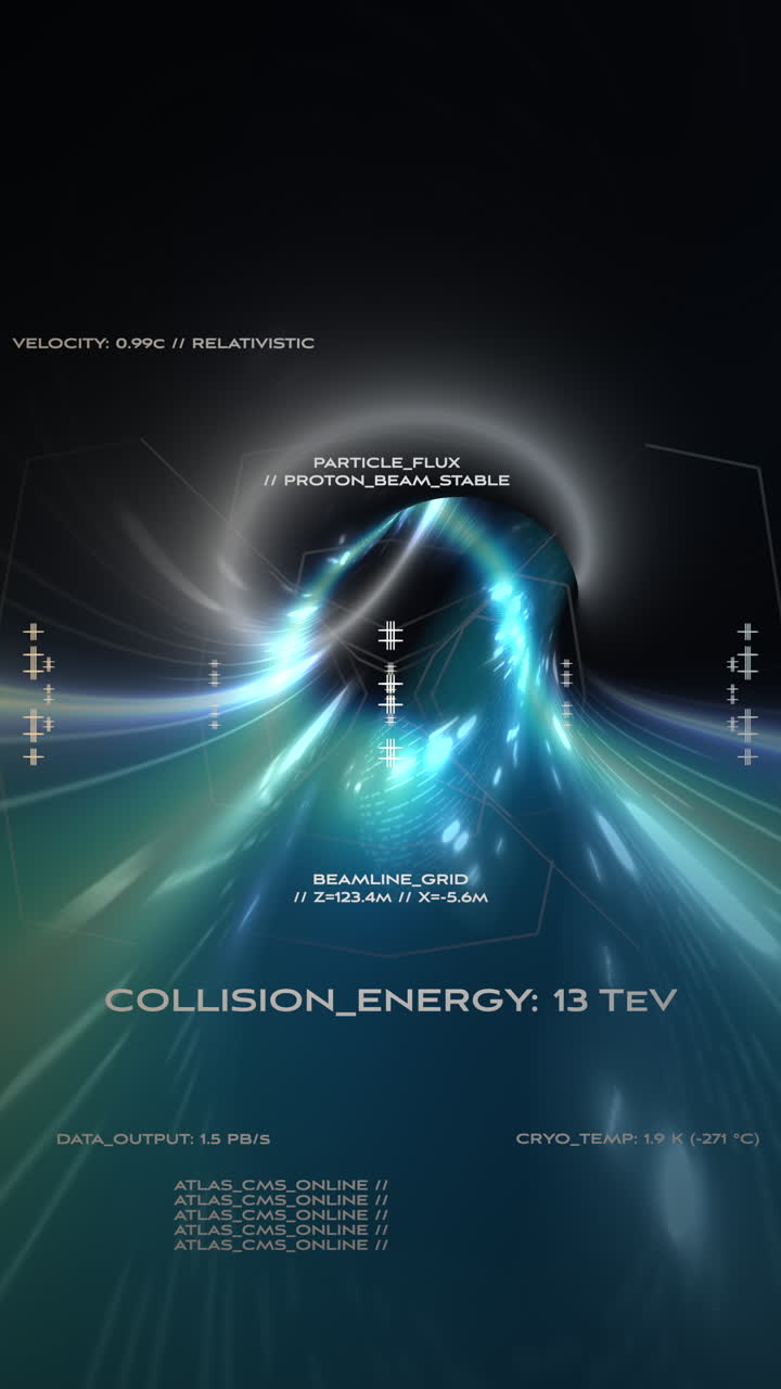 Verticale 4K: visualizzazione ad alta tecnologia di un acceleratore di particelle. Perfetto per la fisica quantistica, la ricerca nucleare e i documentari sulla tecnologia futura.