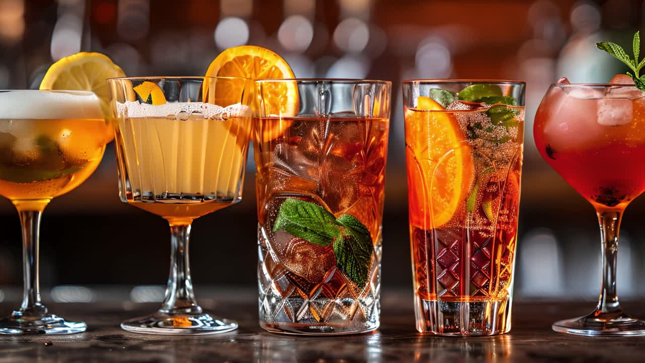 Assortment of Colorful Cocktails on a Bar