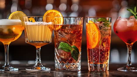 assortment of colorful cocktails on a bar