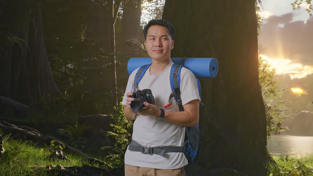 해가 지는 동안 숲에서 사진을 찍는 남자