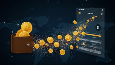 digital cryptocurrency wallet transfer: illustrating the flow of bitcoin and ethereum donations in a modern banking interface